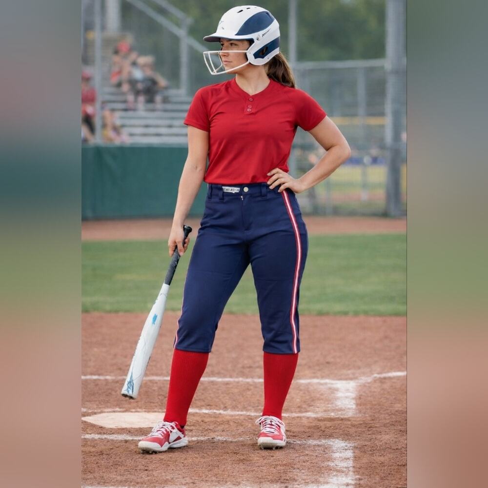 DeMarini Fierce Women’s Softball Pants Navy Blue Red Stripe Cropped #1953